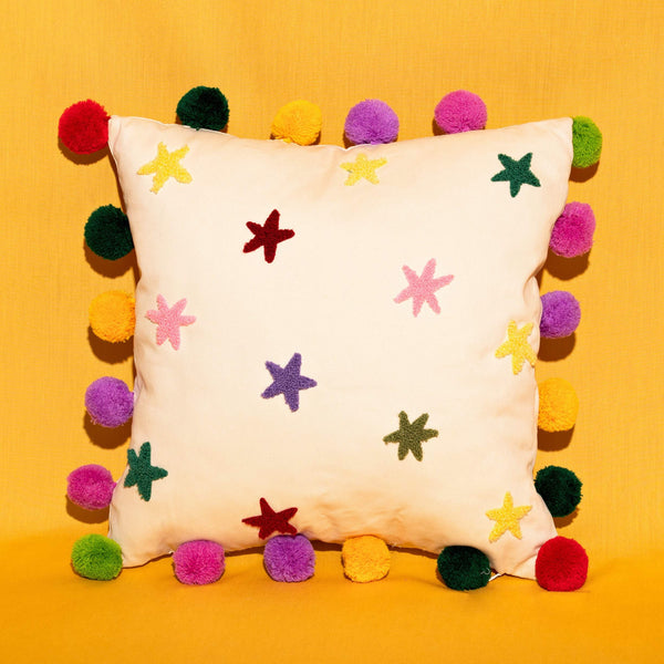 Tufted Stars Cushion with Pom Poms